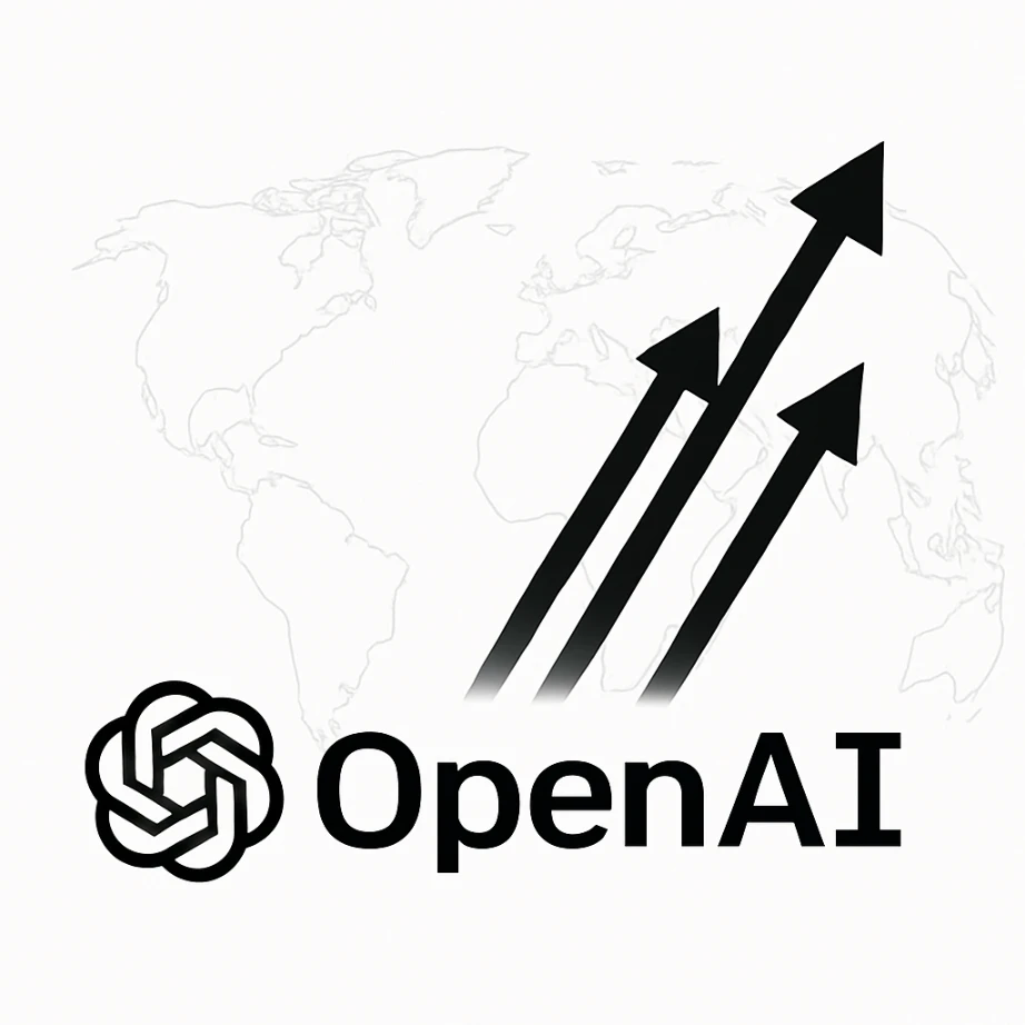 איור מינימליסטי של לוגו OpenAI עם אלמנטים של צמיחה פיננסית והשפעה גלובלית, על רקע לבן.