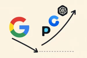 איור גרפי המציג השוואה בין לוגו גוגל גדול לבין קבוצת אייקונים קטנה של צ'אטבוטי AI, וממחיש את הפער בתנועת הגולשים ביניהם.