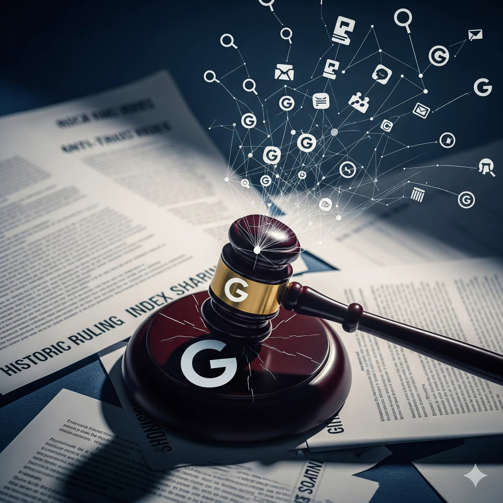 פטיש שופטים מונח על מסמכים משפטיים, עם לוגו G סדוק, המייצג פסיקה היסטורית נגד גוגל