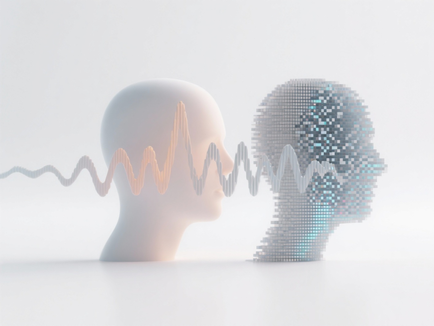 2 ראשי בני אדם המדמים מוח של בינה מלאכותית עם גלי קול באמצע המדמים שדרוג ושינויים