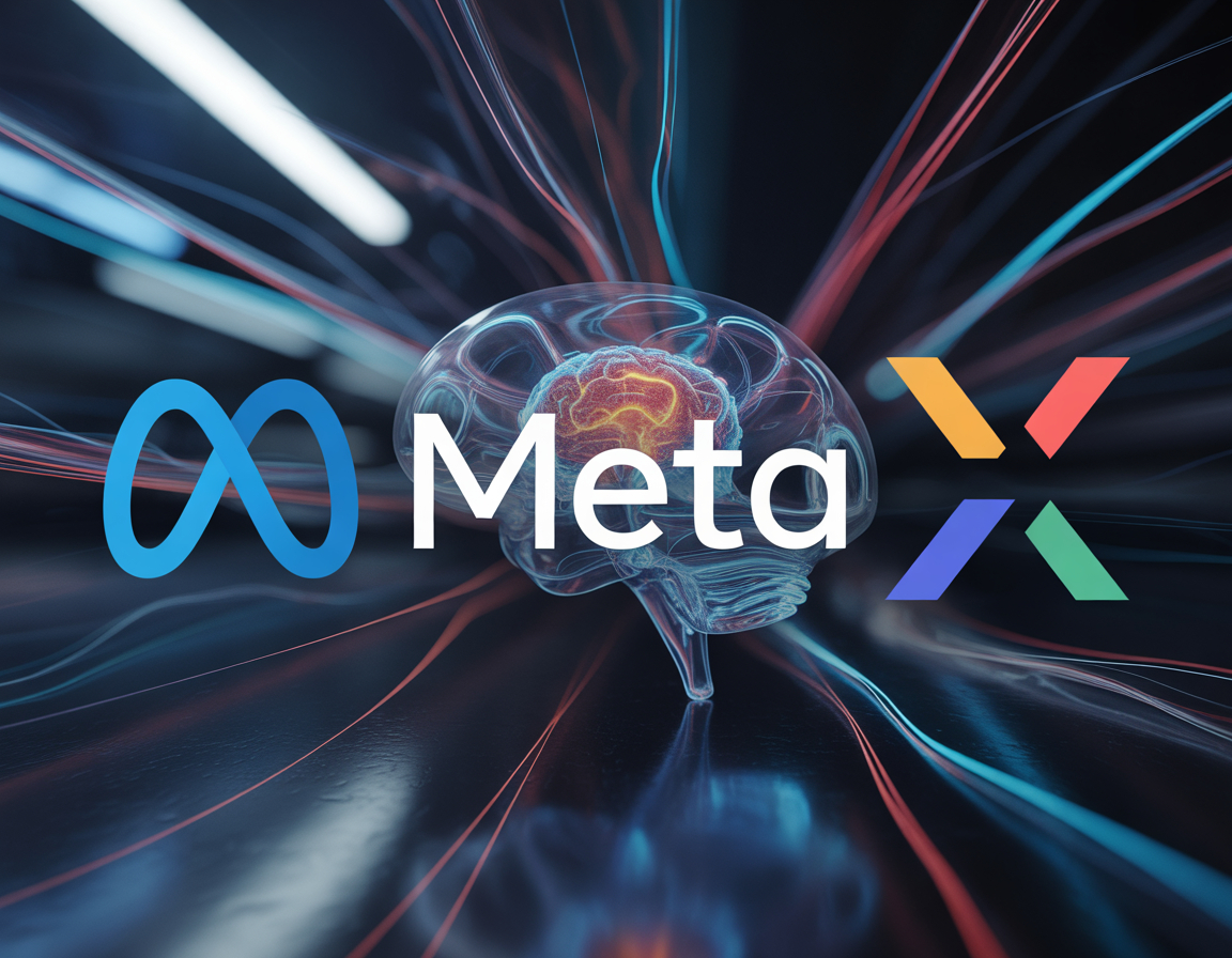תמונת קונספט טכנולוגית המציגה את הלוגואים של OpenAI, מטא, ו-X (טוויטר לשעבר) על רקע עתידני של רשת נוירונים זוהרת, כאיור לכתבה על חדשות מעולם הבינה המלאכותית