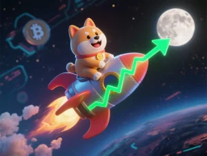 איור של מטבע דוג'קוין בעלייה: קמע הכלב שיבה אינו של דוג'קוין רוכב על טיל שנע מעלה לצד גרף ירוק, ובכך מסמל את הזינוק במחיר המטבע