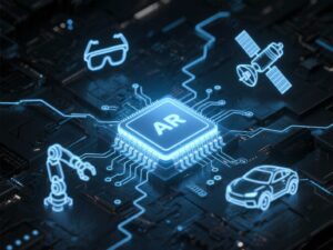 שבב מחשב מרכזי וזוהר, שממנו יוצאים הולוגרמות של זרוע רובוטית, משקפי מציאות רבודה ומכונית אוטונומית.