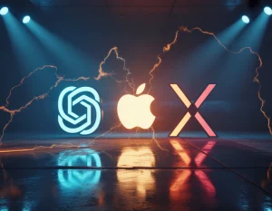 איור קונספטואלי של עימות טכנולוגי: הלוגואים של אילון מאסק (X), OpenAI ואפל מוצבים זה מול זה בזירה דיגיטלית חשוכה, עם קשתות אנרגיה המסמלות את המאבק ביניהם על עתיד הבינה המלאכותית.