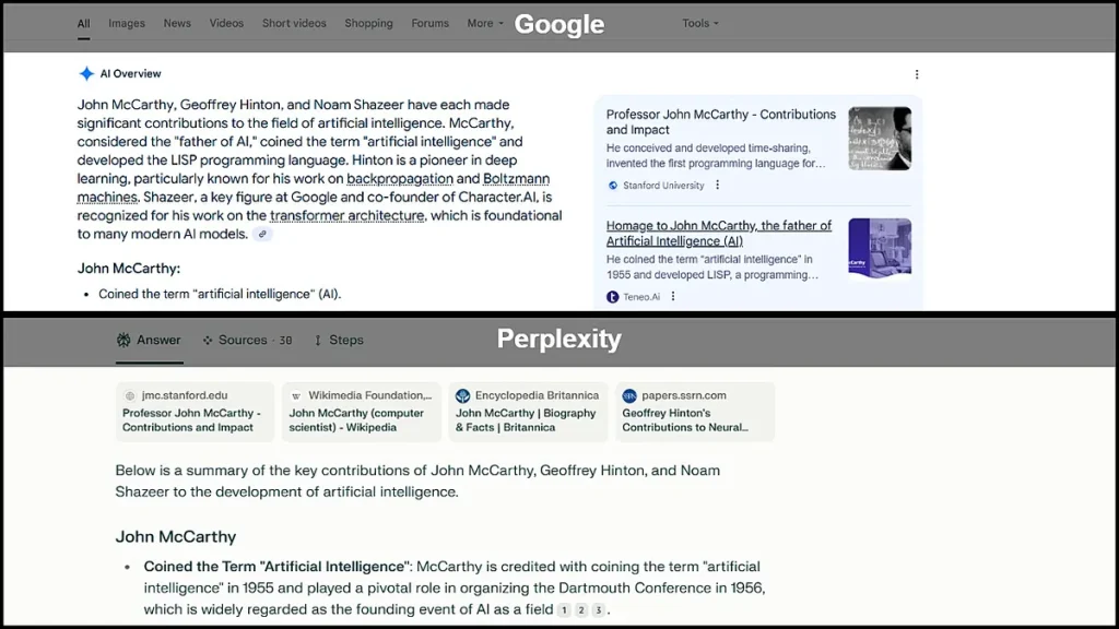 צילום מסך השוואה בין ai של גוגל לבין ai של perplexity