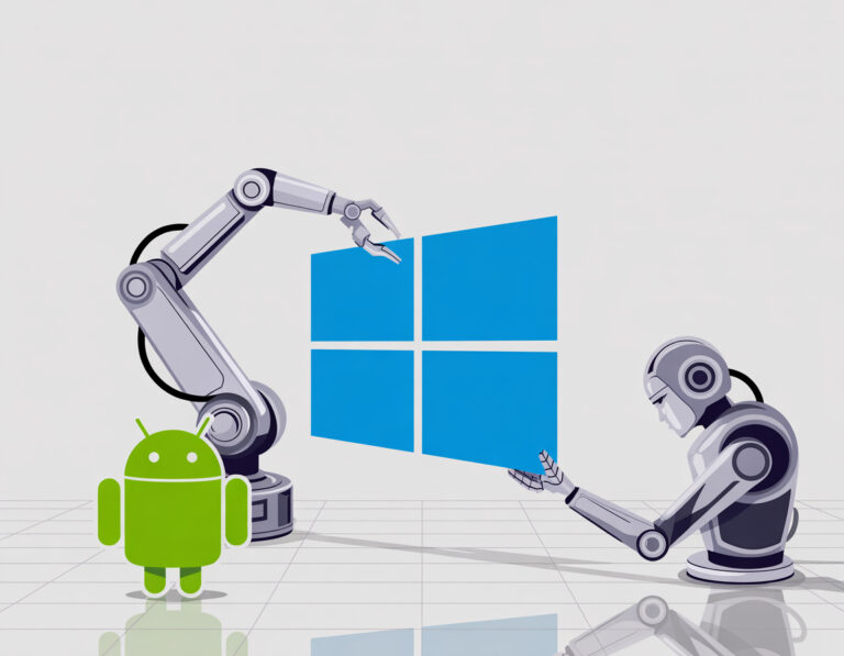 איור המציג זרועות רובוטיות מעדכנות את הלוגואים של ווינדוס ואנדרואיד על רקע לבן, כמטאפורה לעדכוני התוכנה הגדולים של מיקרוסופט וגוגל