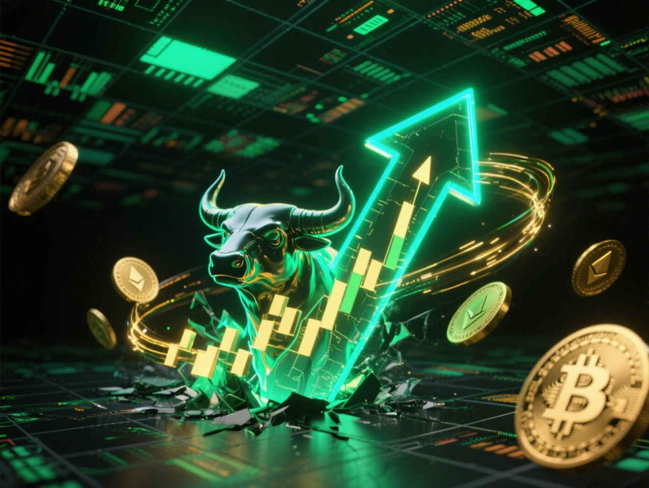 איור דיגיטלי של שוק קריפטו בעלייה: גרף שורי זוהר בצבע ירוק על רקע כהה, לצד מטבעות ביטקוין ואת'ריום מוארים, המסמלים את הזינוק בשווי השוק.