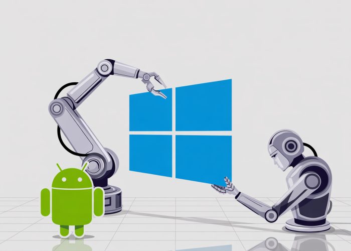 איור המציג זרועות רובוטיות מעדכנות את הלוגואים של ווינדוס ואנדרואיד על רקע לבן, כמטאפורה לעדכוני התוכנה הגדולים של מיקרוסופט וגוגל