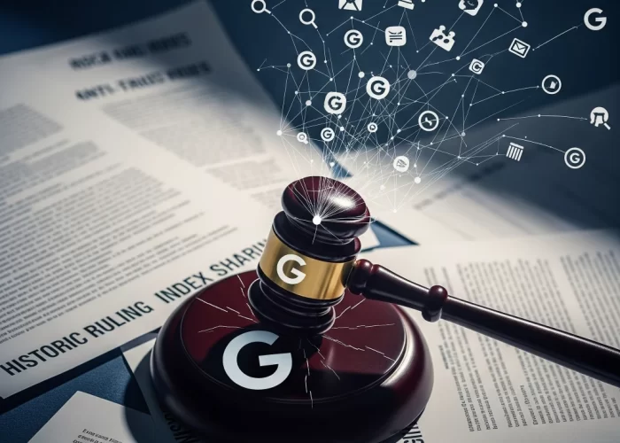 פטיש שופטים מונח על מסמכים משפטיים, עם לוגו G סדוק, המייצג פסיקה היסטורית נגד גוגל