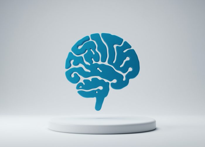 איור מינימליסטי של מוח רשת נוירונים דיגיטלי בצבע כחול זוהר על רקע לבן, המסמל בינה מלאכותית וחדשנות טכנולוגית