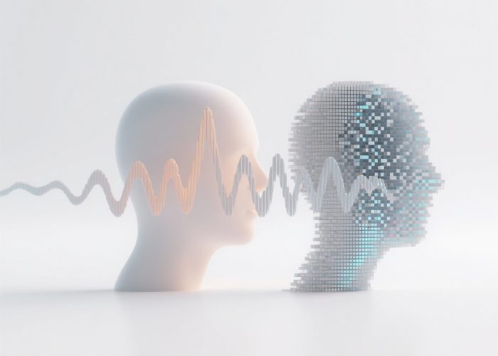 2 ראשי בני אדם המדמים מוח של בינה מלאכותית עם גלי קול באמצע המדמים שדרוג ושינויים