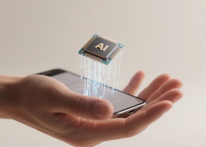 יד מחזיקה שבב מחשב קטן וזוהר, המדגיש את הטכנולוגיה החדשה של AI במכשירים ניידים.