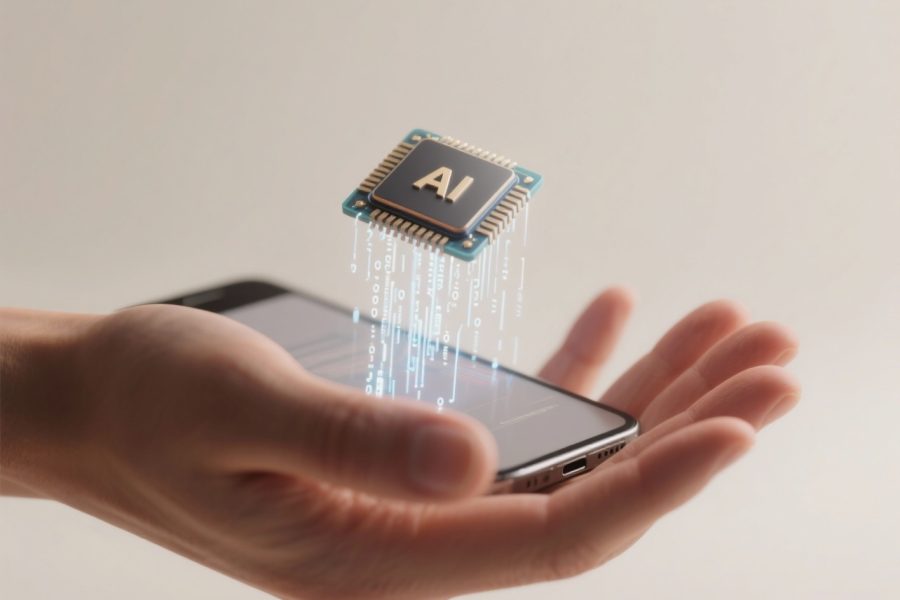 יד מחזיקה שבב מחשב קטן וזוהר, המדגיש את הטכנולוגיה החדשה של AI במכשירים ניידים.
