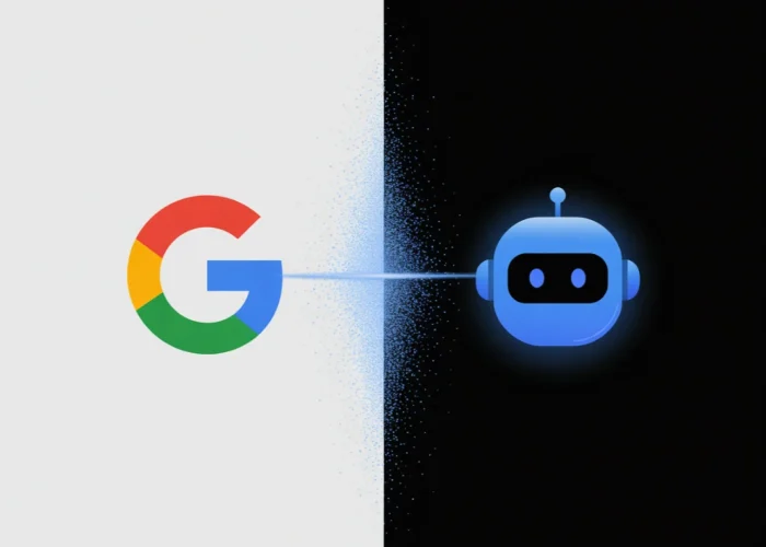איור קונספטואלי המציג את הלוגו של גוגל מטושטש מעט מול אייקון חד וברור של צ'אטבוט AI, כמסמל את התחרות הגוברת וחוסר היציבות בשוק החיפוש