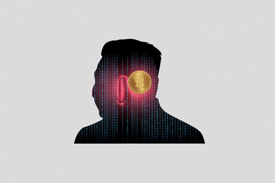 צללית של ראשו של קים ג'ונג און על רקע לבן, מלאה בקוד בינארי זוהר, עם מטבע ביטקוין באזור האוזן.