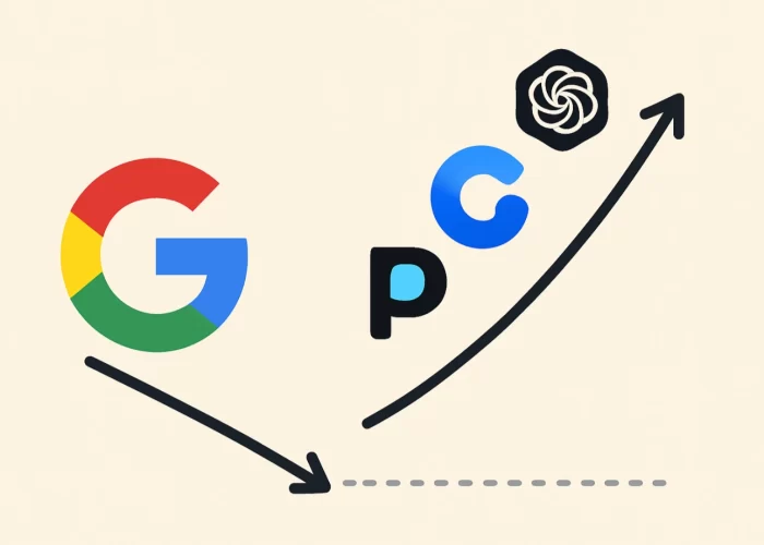 איור גרפי המציג השוואה בין לוגו גוגל גדול לבין קבוצת אייקונים קטנה של צ'אטבוטי AI, וממחיש את הפער בתנועת הגולשים ביניהם.